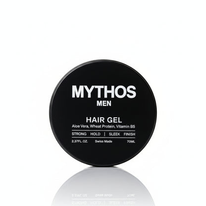 Mythos Natural Hair Gel — water-based hair gel with firm hold, no flaking or stiffness