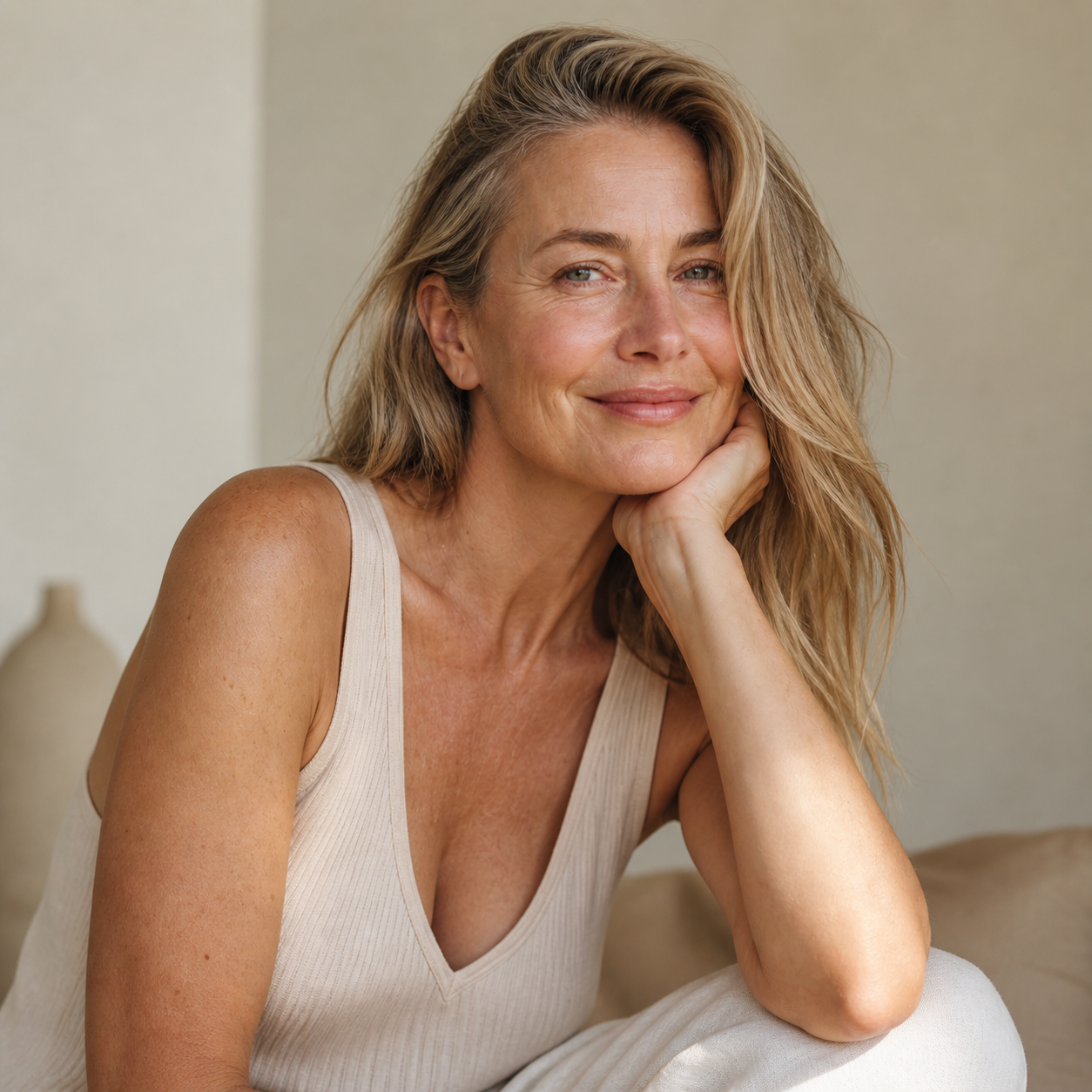 Woman in a beige sleeveless top sitting on a couch with a neutral background